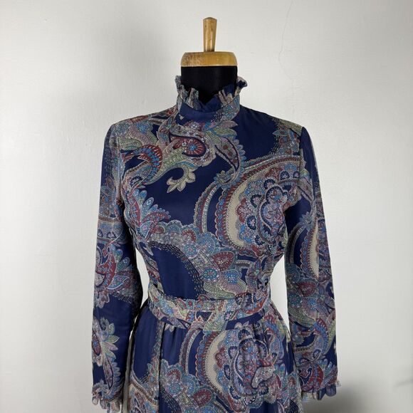 Vintage 70s Paisley Chiffon Maxi Boho Dress | High Neck Ruffle Collar - Picture 3 of 12